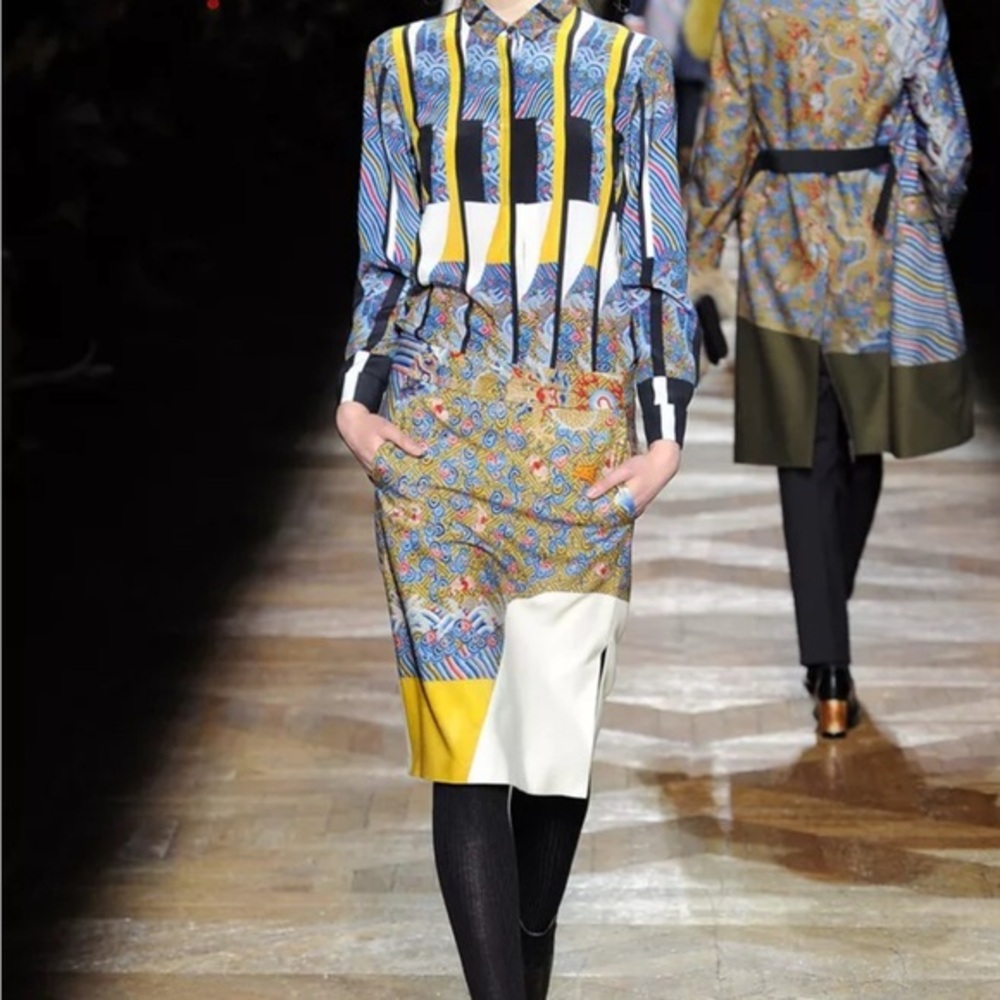 DRIES VAN NOTEN Runway oriental dragon colorblocked wool blend Skirt Size 40